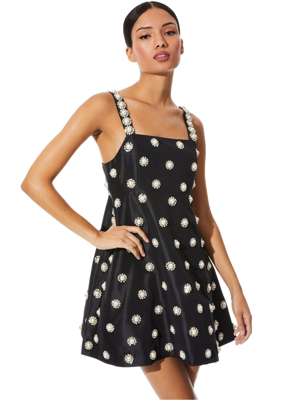 Alice + Olivia Black Mini Dress with Pearl Cluster Embellishments - Picture 2 of 6